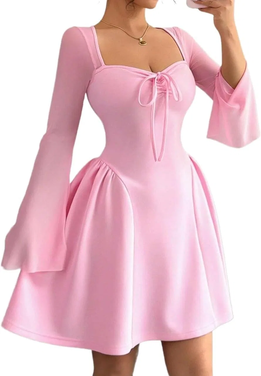 Женское мини-платье A-силуэта с бантом Casual, Pink