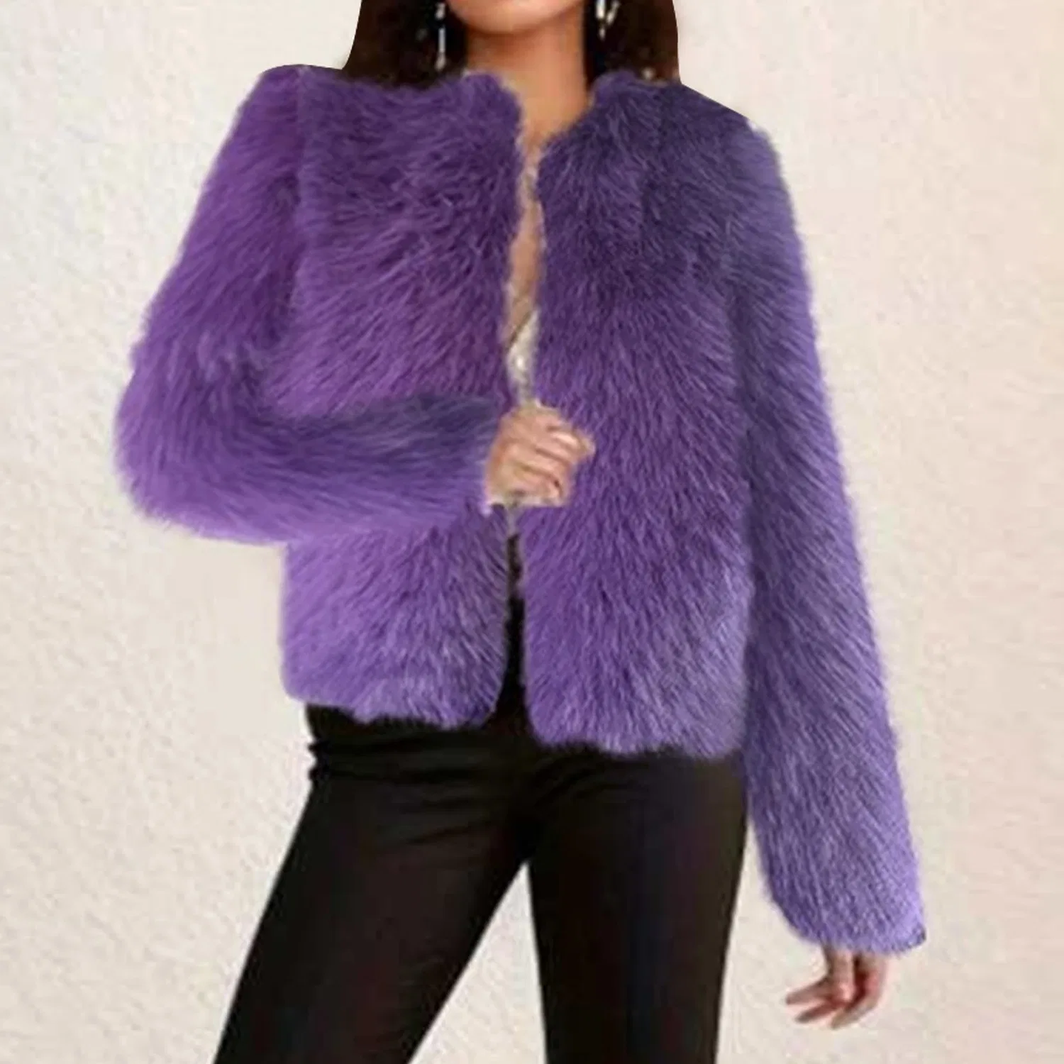 Женская куртка из искусственного меха с коротким открытым передом, purple — фото 2