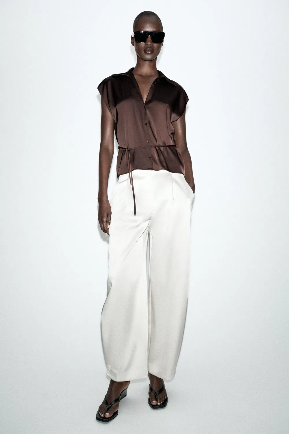 Атласная рубашка с короткими рукавами и поясом ZARA, Brown