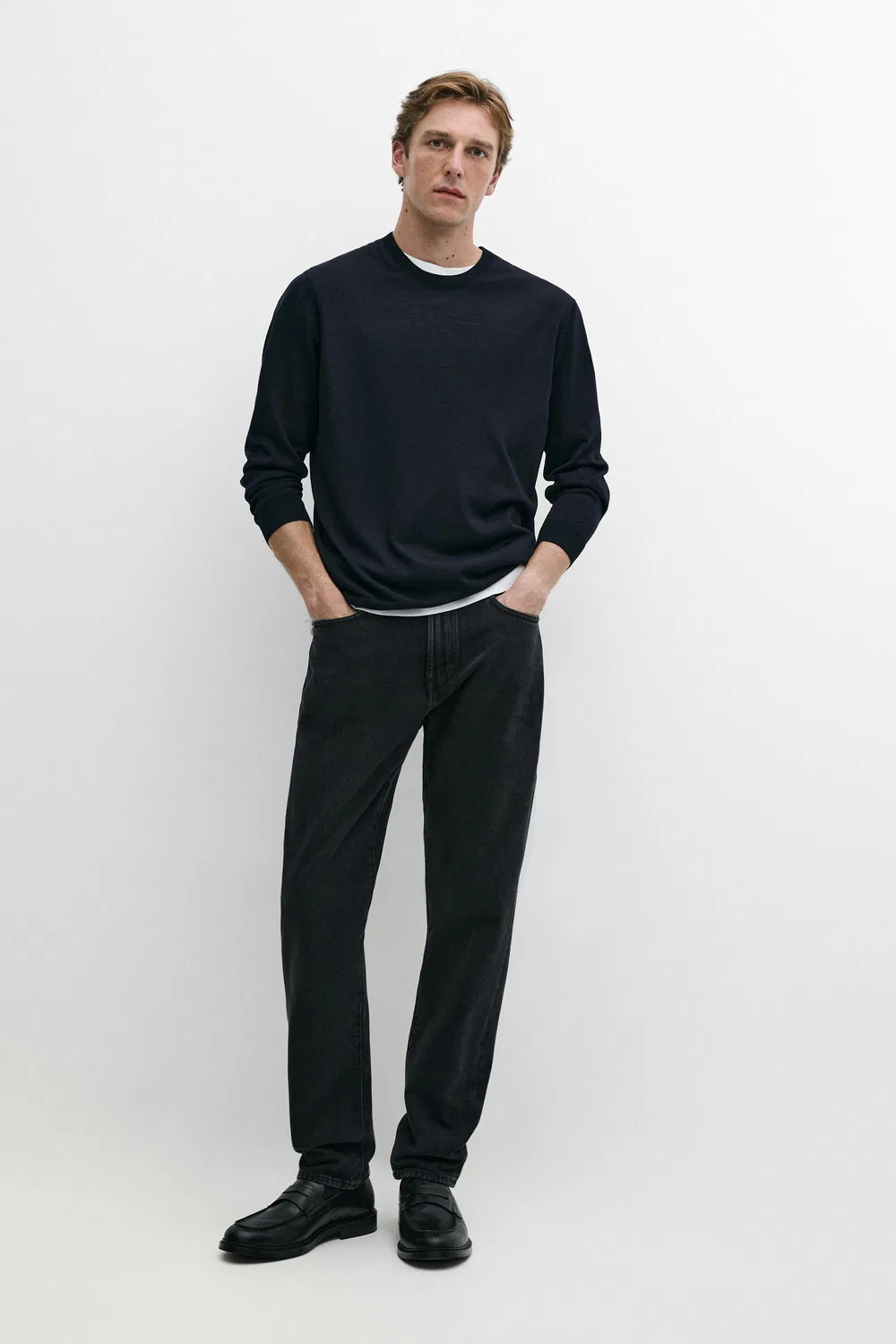 Свитер Massimo Dutti, с круглым вырезом из мериносовой шерсти, темно-синий