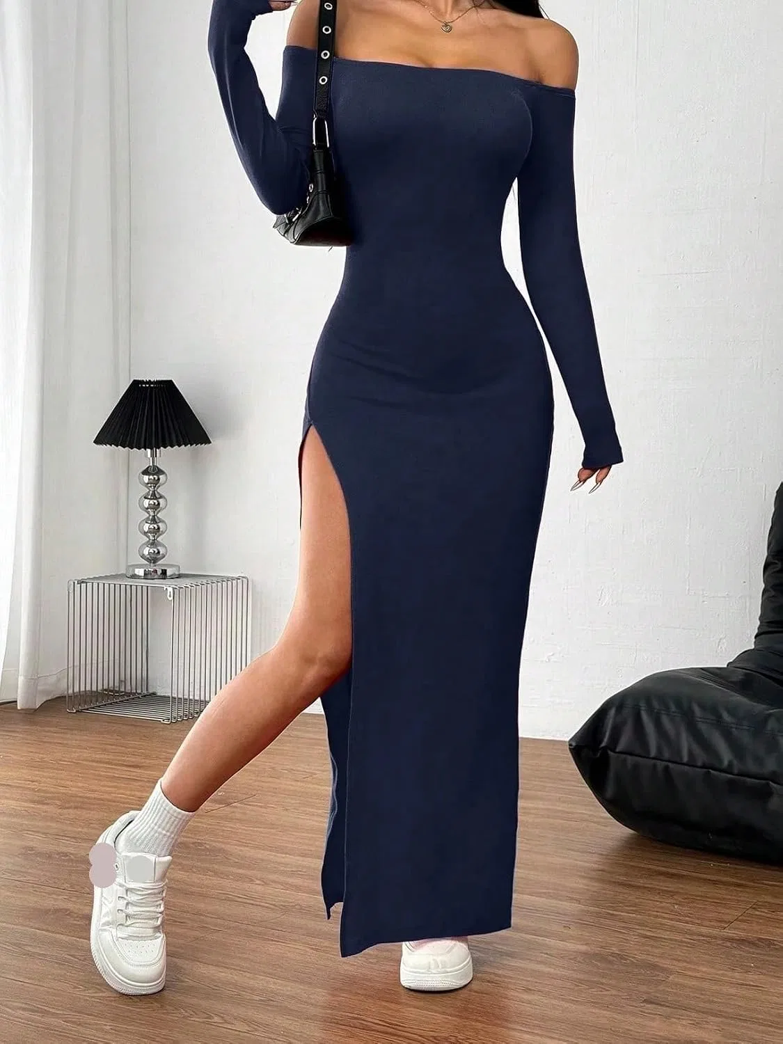 Женское длинное платье с разрезом на бедре, Navy Blue — фото 3