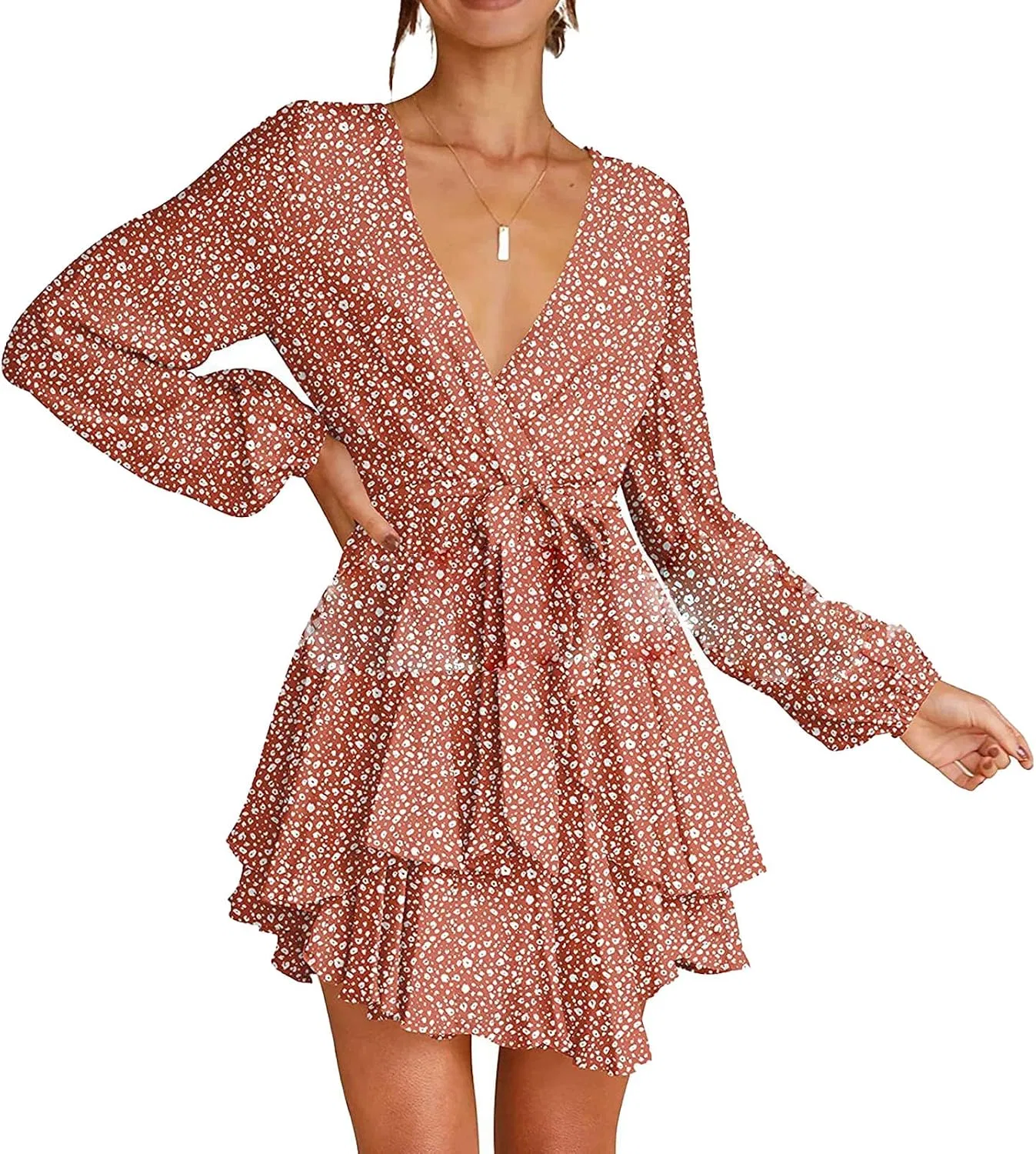 Женское мини-платье с V-образным вырезом и поясом, Floral, Pink