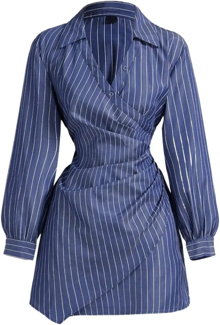 Женское мини-платье-рубашка с длинным рукавом в полоску, Navy Blue