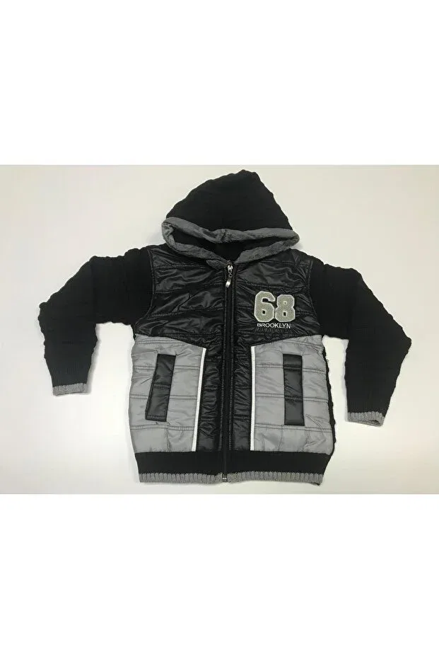 Детский кардиган для мальчиков с капюшоном Winter Capitone Knitwear Hooded Pockets Zippered Boy Sweatshirt Cardigan Baby Slon Kids Clup, Black-Gray