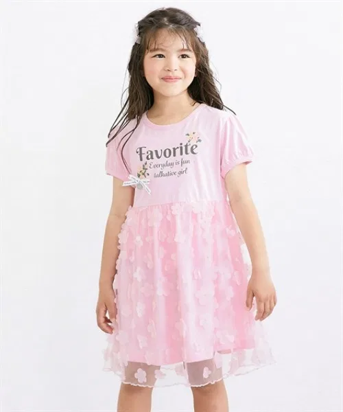 Детское платье для девочек с цветочным принтом, полурукав, модель Flower Motif Tulle QUNTSTYLE, Pink