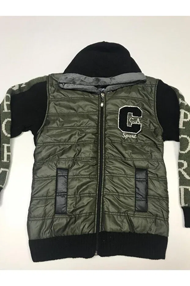 Детский кардиган с капюшоном Winter capitone knitwear hooded pockets zippered boy sweatshirt cardigan Baby Slon Kids Clup, Khaki — фото 2