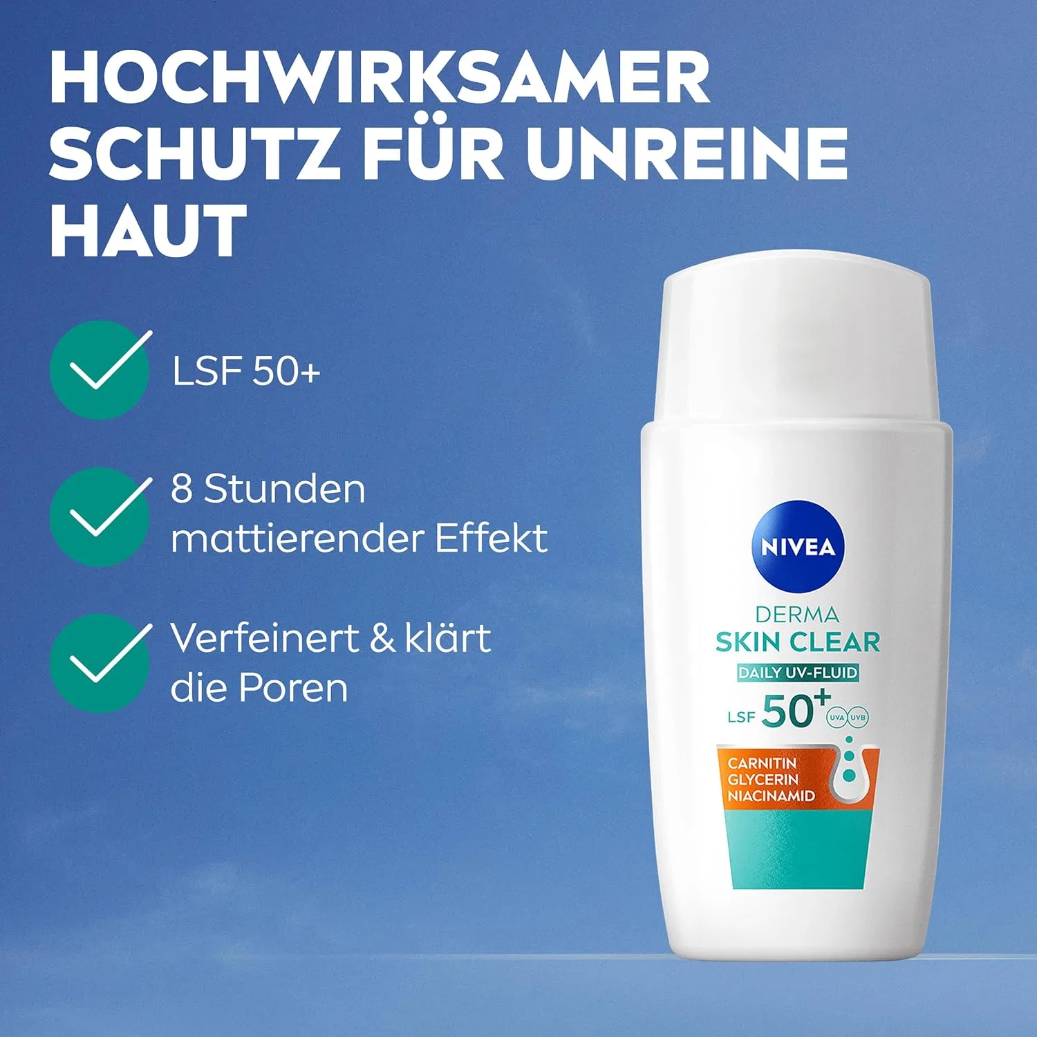 Солнцезащитный флюид для лица «Derma Skin Clear Daily UV Fluid» SPF 50+ 40 мл от NIVEA Nivea — фото 2