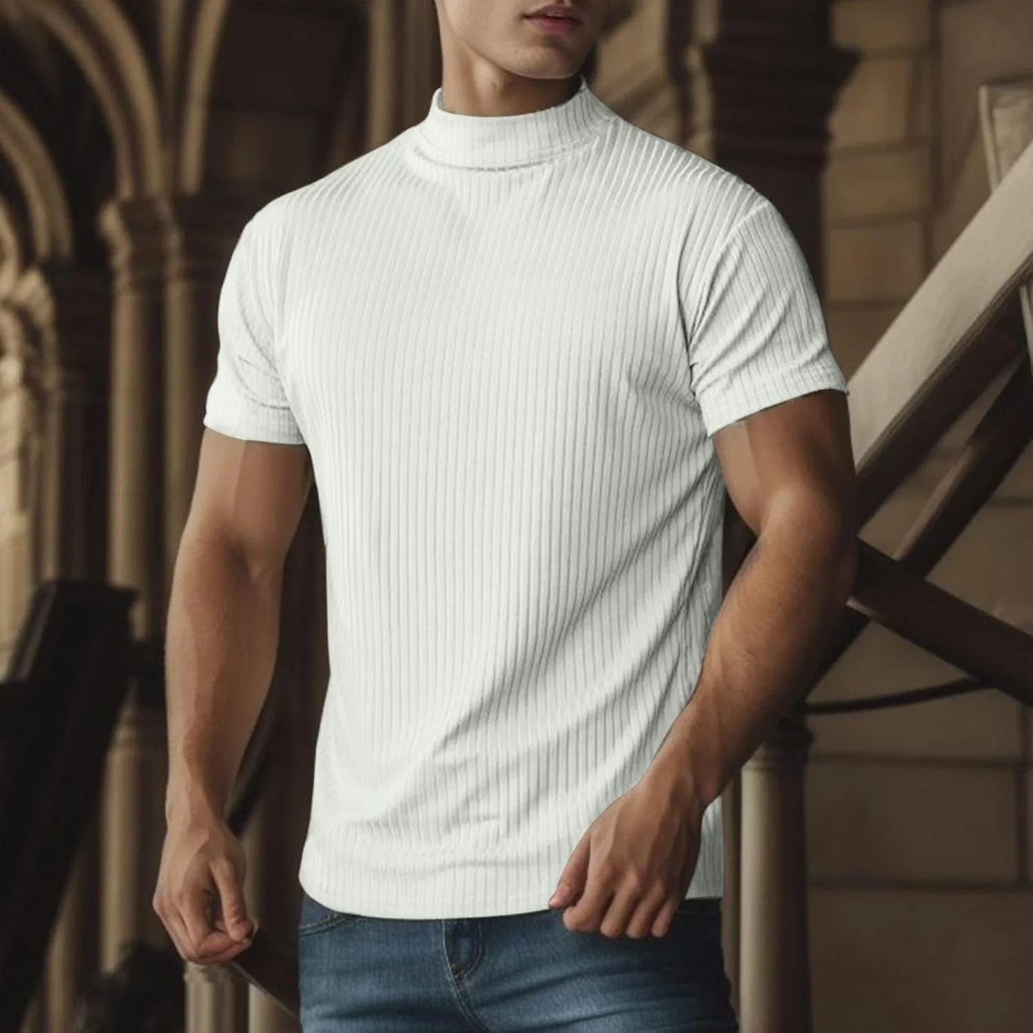 Мужская облегающая футболка с имитацией ворота Ribbed Knit, White — фото 2