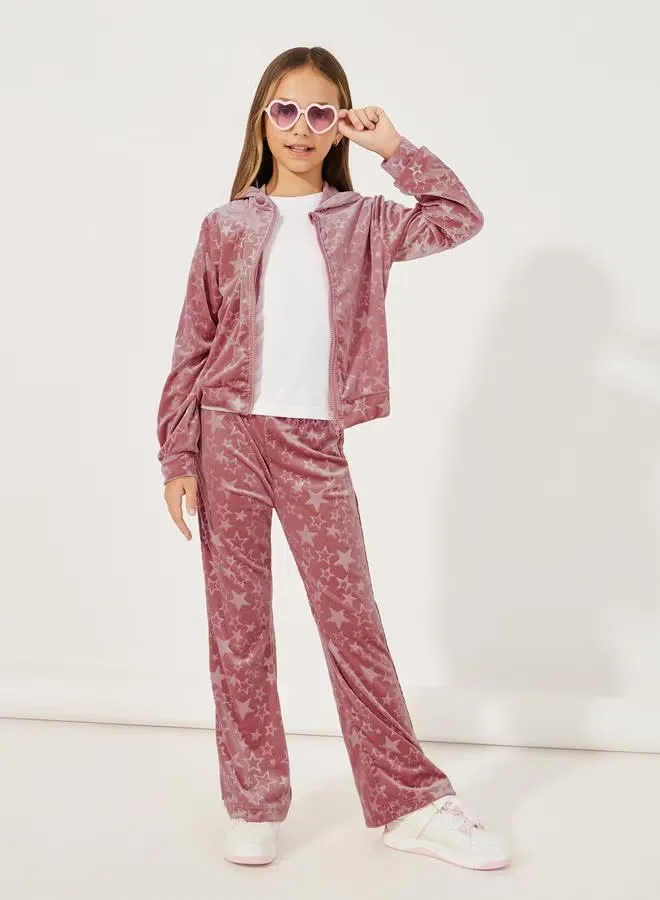 Комплект с звездным принтом на молнии худи и брюки клеш Star pattern zipper front velvet Styli, пыльно-розовый — фото 2