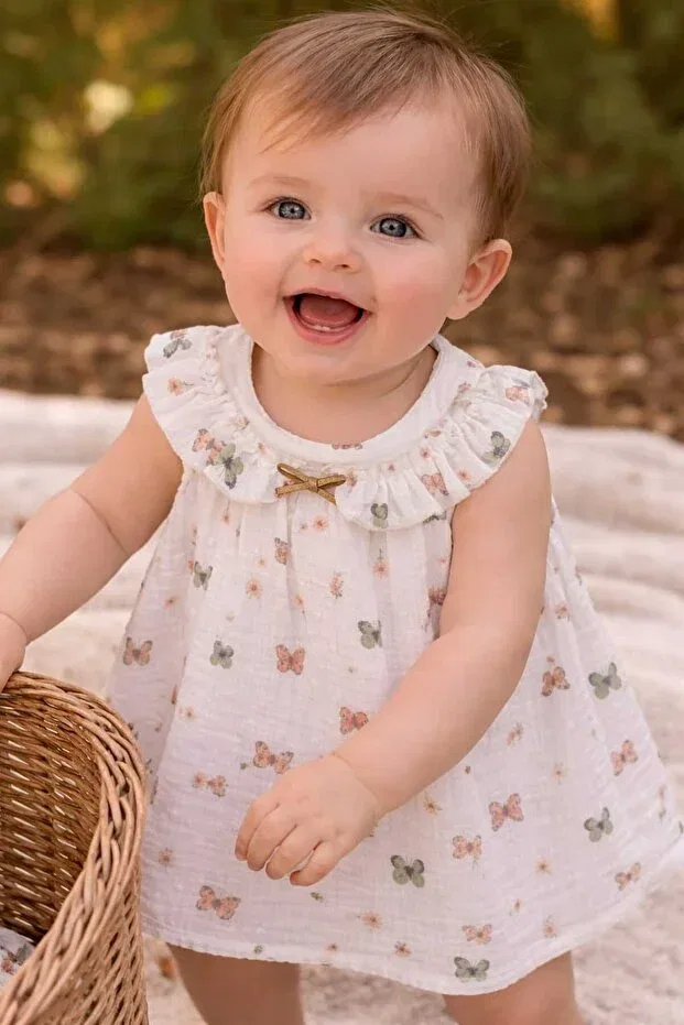 Детское платье для девочек хлопковое Colorful Butterfly Patterned Kidsense, White