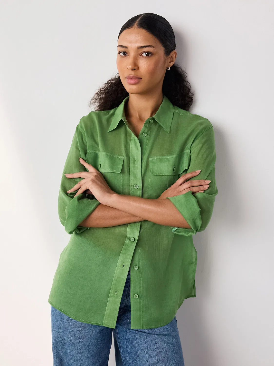 Рубашка женская из тенселя и рами, модель Premium Sheer Utility Long Sleeve Next, зеленый