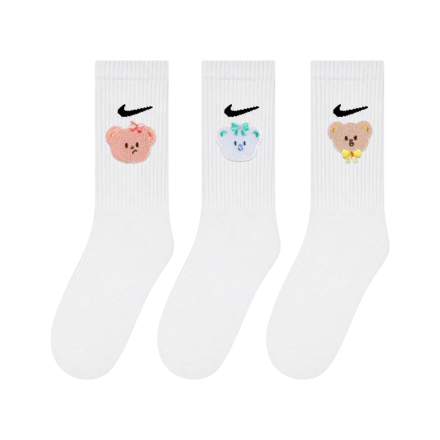 Детские носки с умеренной эластичностью, комплект из 3 пар, Classical Style White, Embroidered-Macaron Tricolor Avatar Bear, Nike