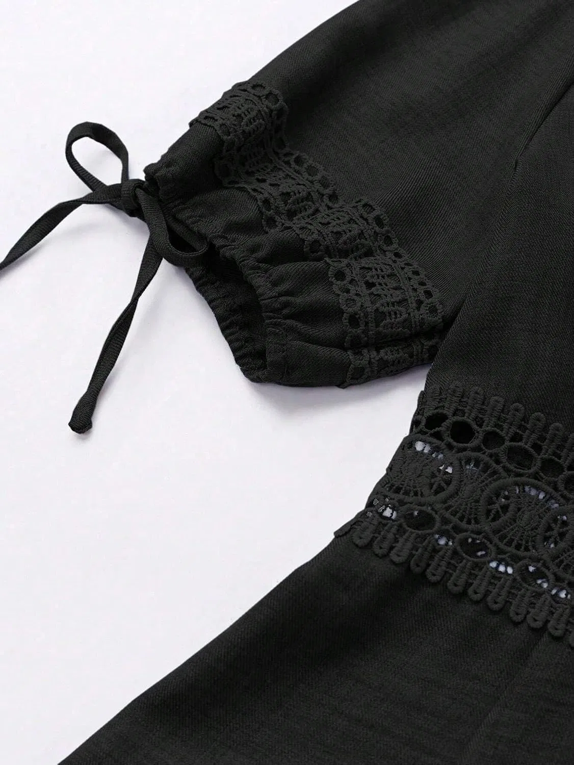 Женское A-силуэта платье с кружевным поясом и пышными рукавами, Black — фото 4