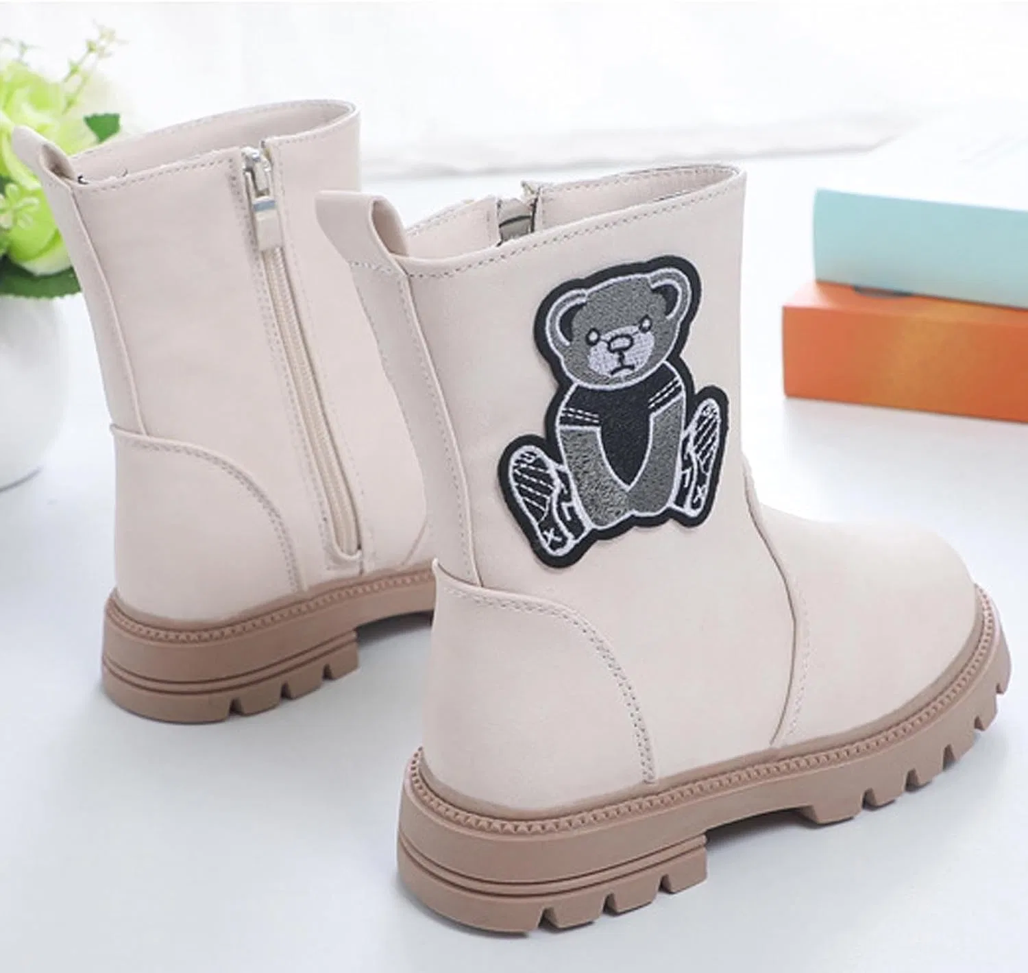 Детские сапоги для девочек с принтом медведя Mid Calf Cute Bear Zzalalana, Beige — фото 3