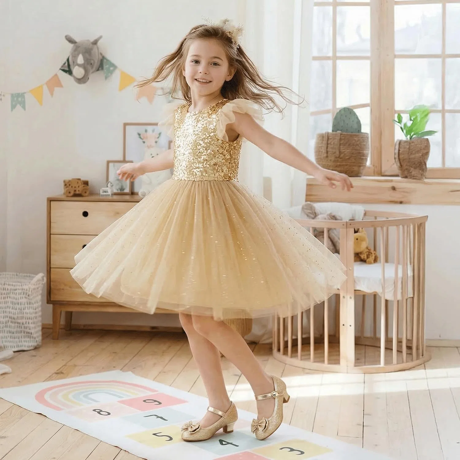 Детские туфли Мэри Джейн для девочек PANDANINJIA, Gold Glitter — фото 3