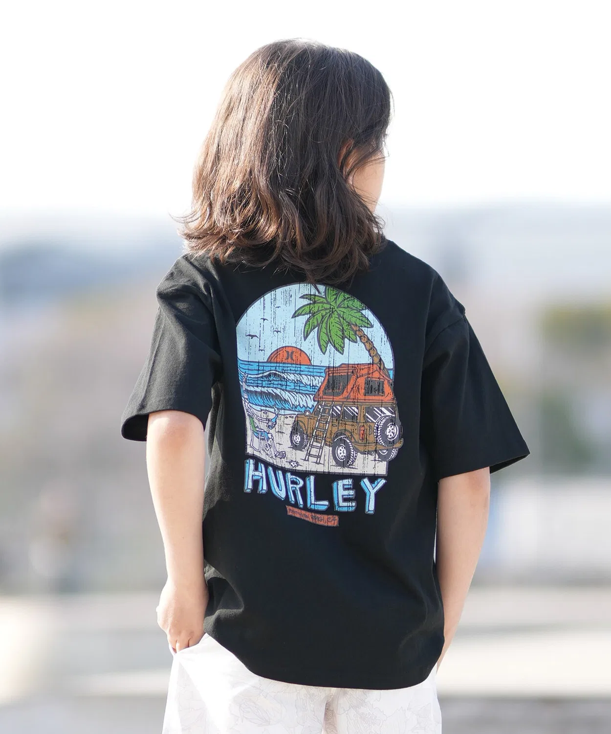 Детская футболка с принтом на спине оверсайз Hurley, Черный