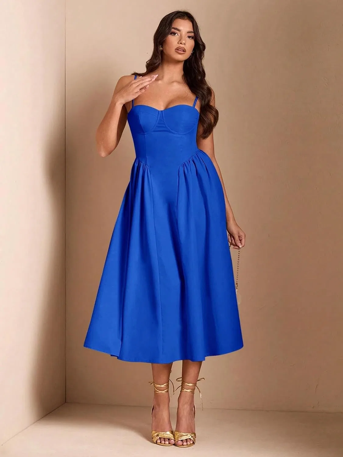 Женское элегантное миди-платье на тонких бретелях, Royal Blue — фото 4