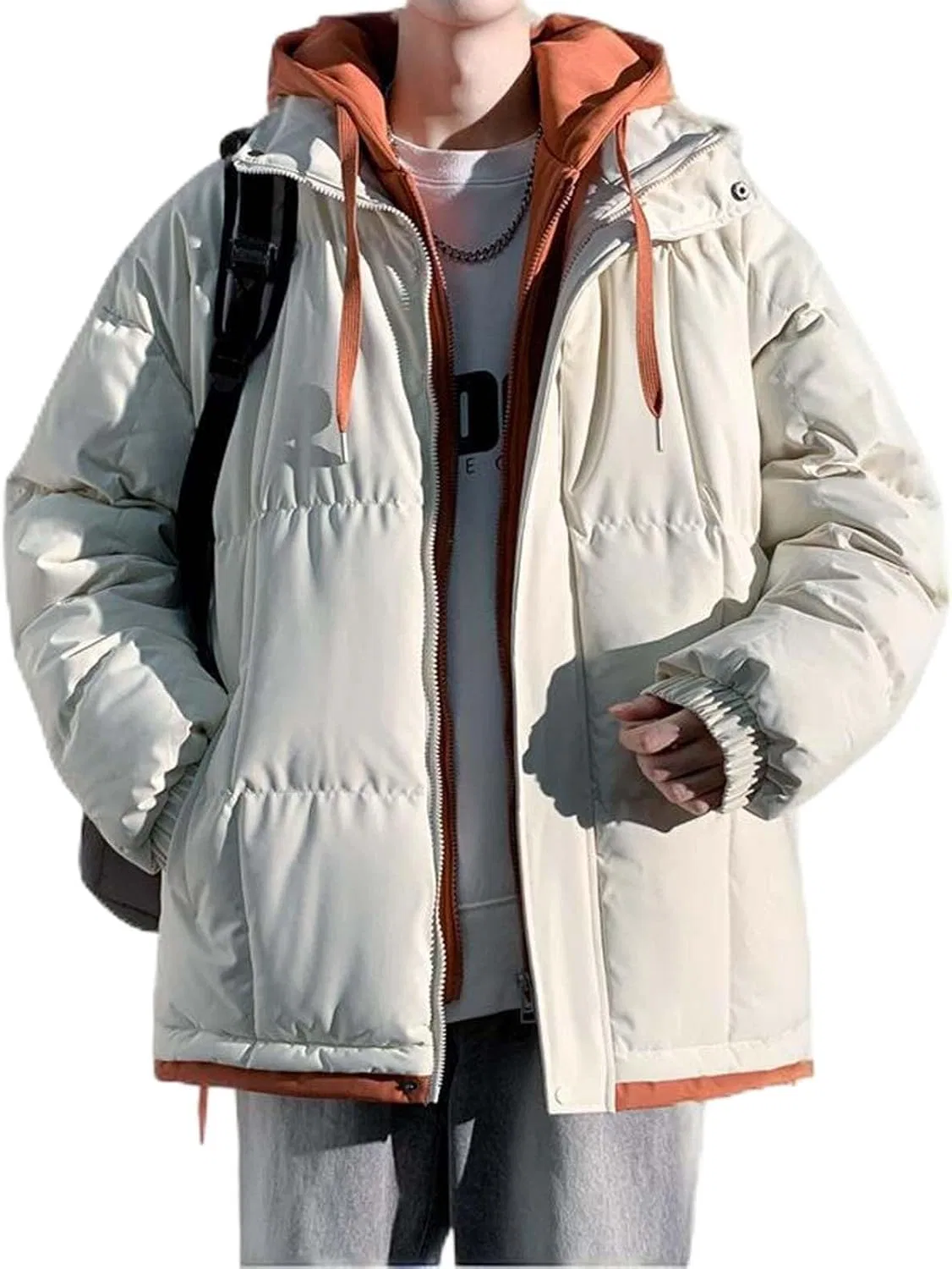 Мужское зимнее пальто с принтом Color Block Zip up Long Sleeve Hood Puffer, белый