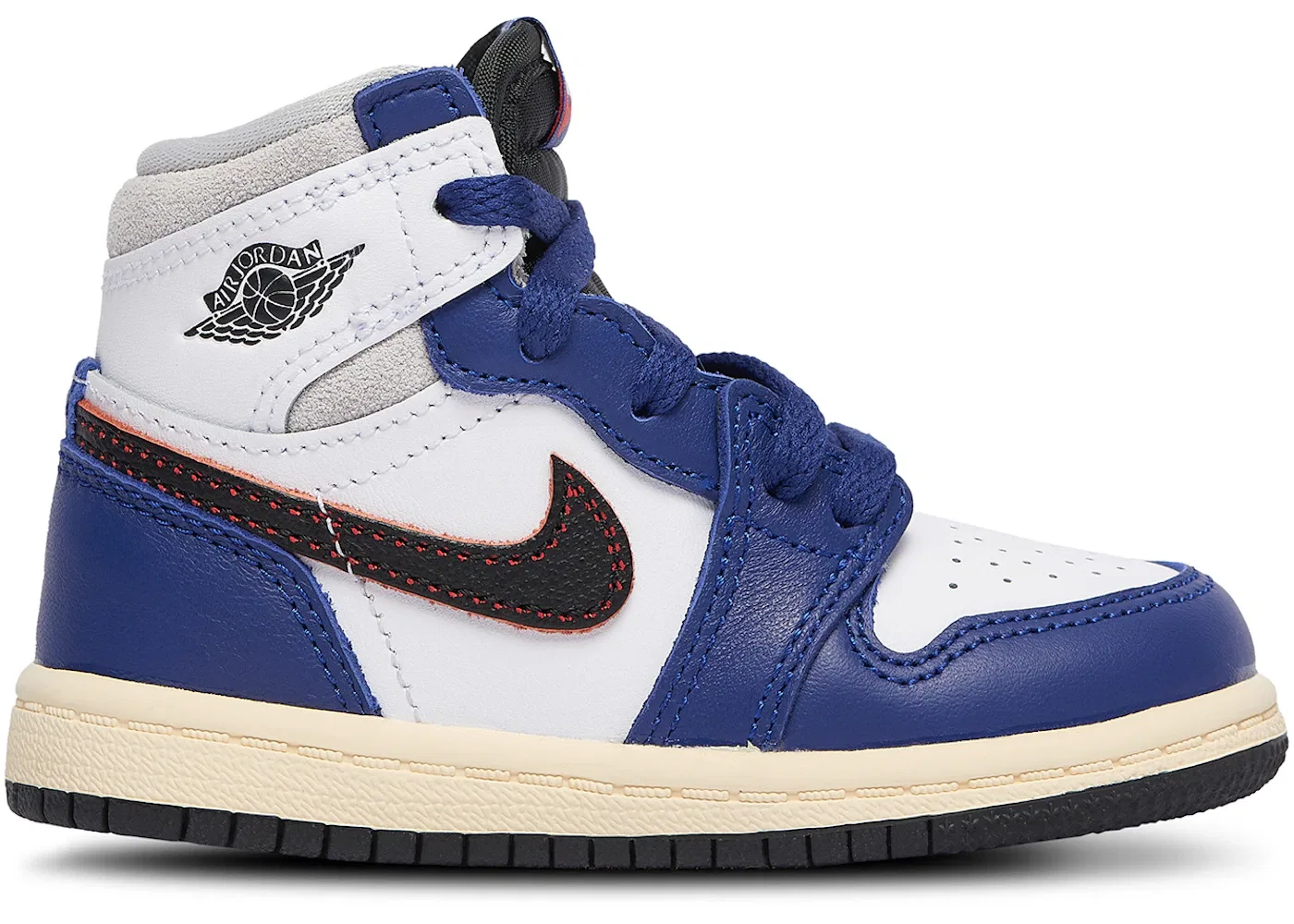 Детские кроссовки высокие с длинным шнурком Jordan 1 Retro High OG Jordan, White/Black-Neutral Grey-Deep Royal Blue-Muslin