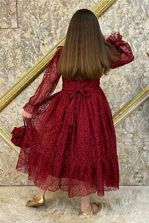 Детское платье для девочек кружевное с длинным рукавом Design Abiyekids, Burgundy — фото 3