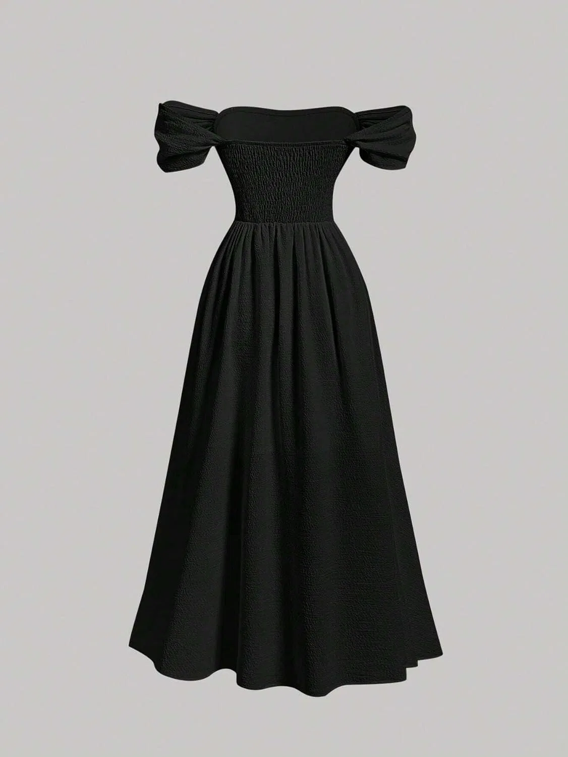 Женское повседневное платье миди с пышными рукавами Off-Shoulder, Black — фото 2