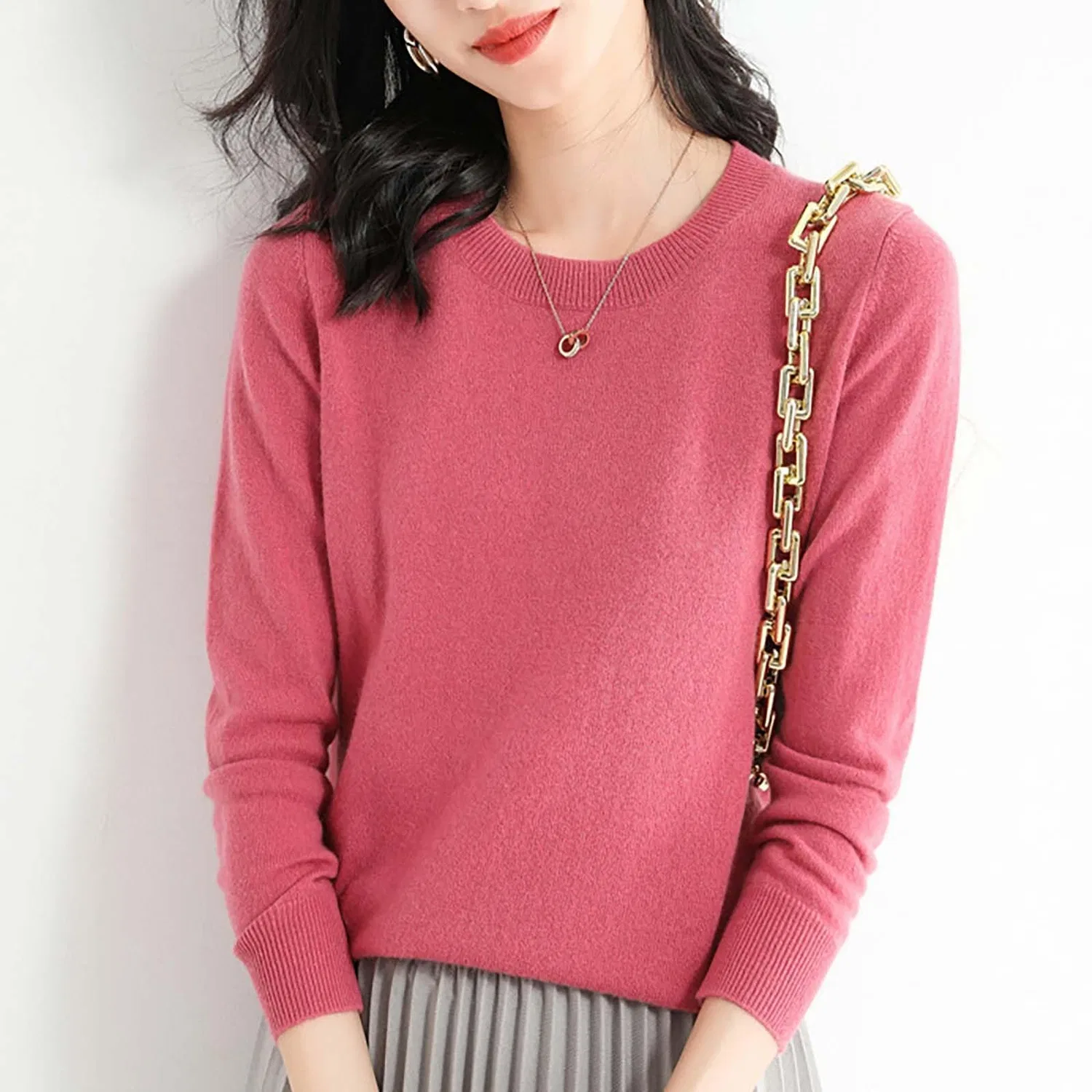 Женский свитер из мериносовой шерсти с круглым вырезом, D-hot Pink — фото 4