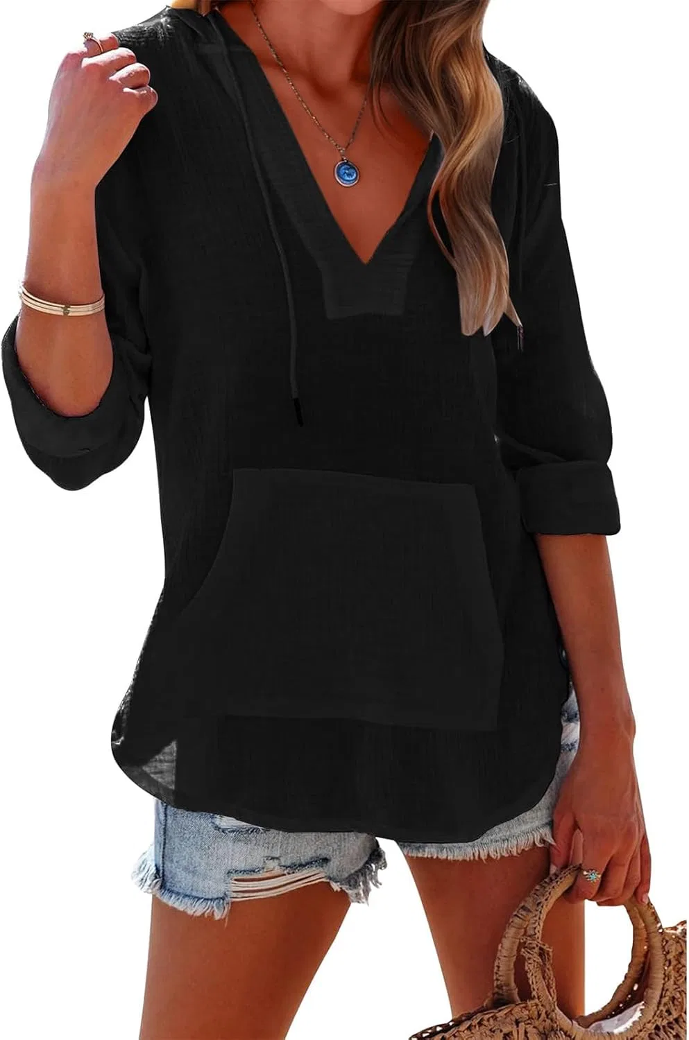 Женский пляжный худи-оверсайз с капюшоном Lightweight Pullover, Black