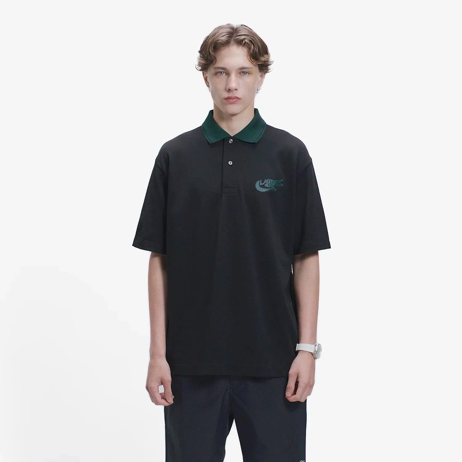 Мужская футболка-поло с принтом и полосами, модель Graphic Border LACOSTE, Dark Green — фото 2
