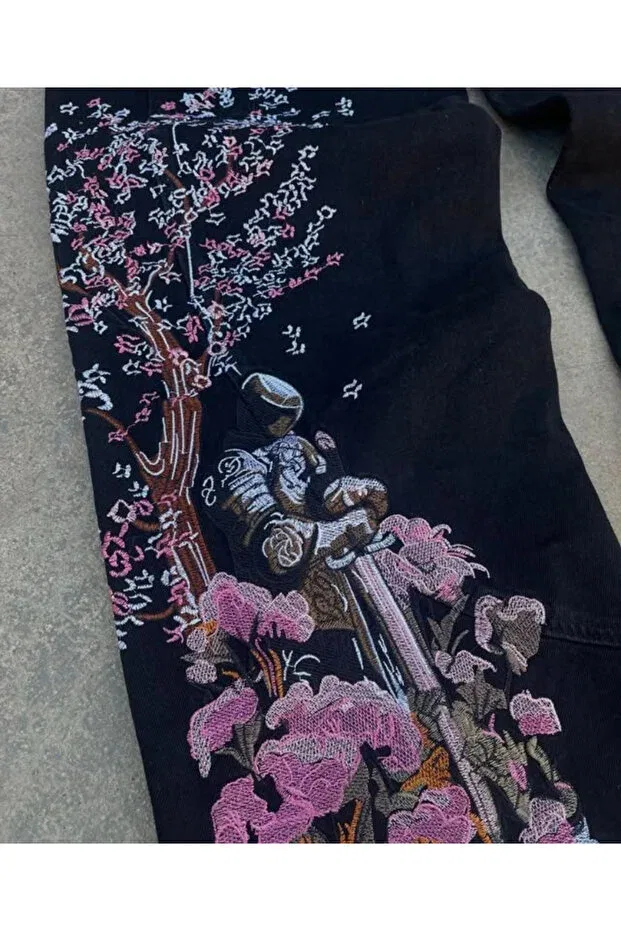 Детские джинсы свободного кроя с принтом Sakura flower embroidered Weekeep, Black — фото 2