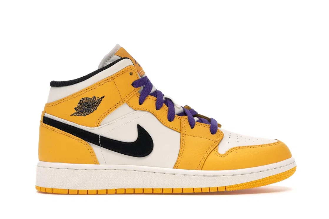 Детские кроссовки для мальчиков с кроссовками Jordan 1 Mid SE Lakers Jordan, University Gold/Black-Pale Ivory-Court Purple-Sail