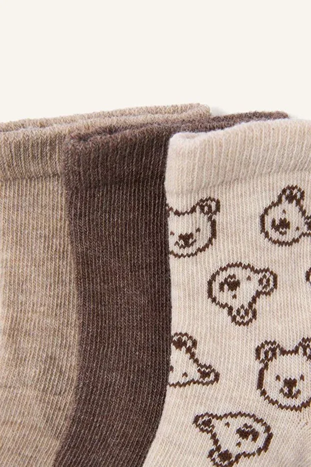 Детские носки для мальчиков хлопковые с принтом 3 шт Bear Printed Seamless Defacto, Coffee-Bn45 — фото 3