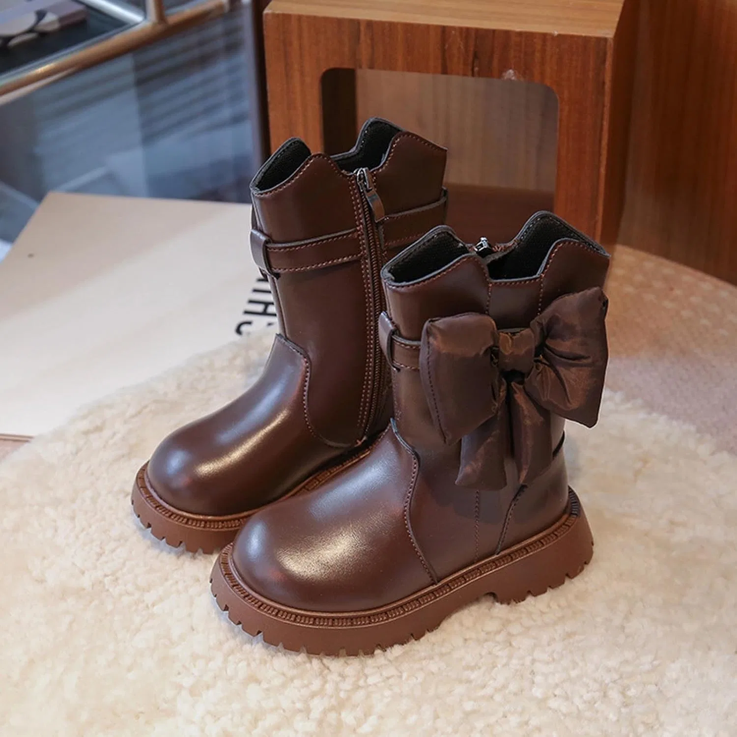 Детские ботинки для девочек с бантом и молнией сбоку, модель Bow Shoes, Brown — фото 3