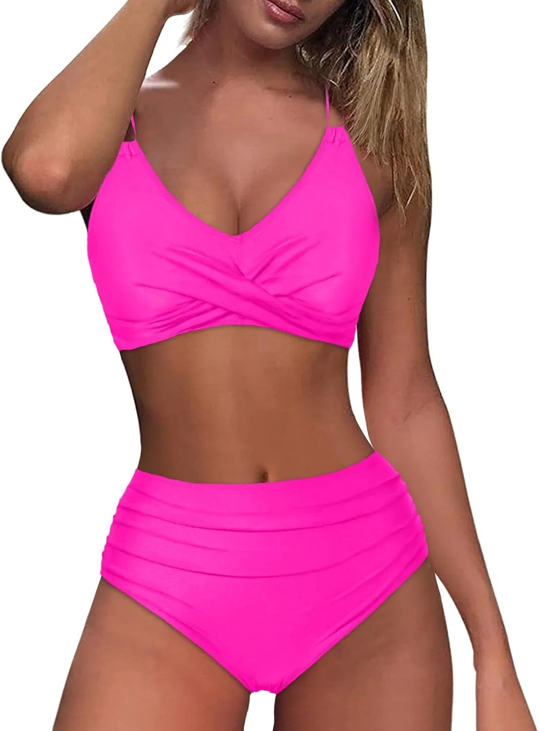 Женский бикини-сет с завышенной талией и перекрестным топом, Hot Pink — фото 4