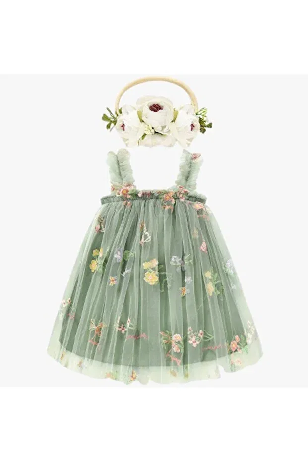 Детское платье для девочек с принтом Cotton lining floral butterfly embroidery cute summer girl's birthday dress with headband Petityu, Green