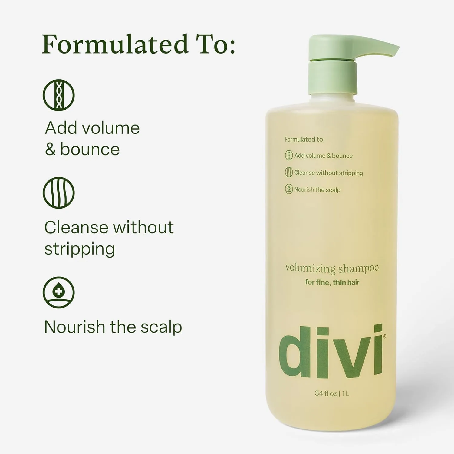 Шампунь Divi Volumizing для женщин и мужчин - легкий шампунь для придания объема тонким волосам - формула для очищения, питания и балансировки кожи головы. 1005 мл (1 шт.), green — фото 2