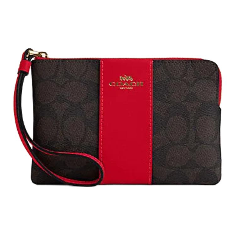 

COACH Угловая молния искусственная кожа с коровьей спилковой кожей запястная сумка клатч малая женская грецкий орех и красный