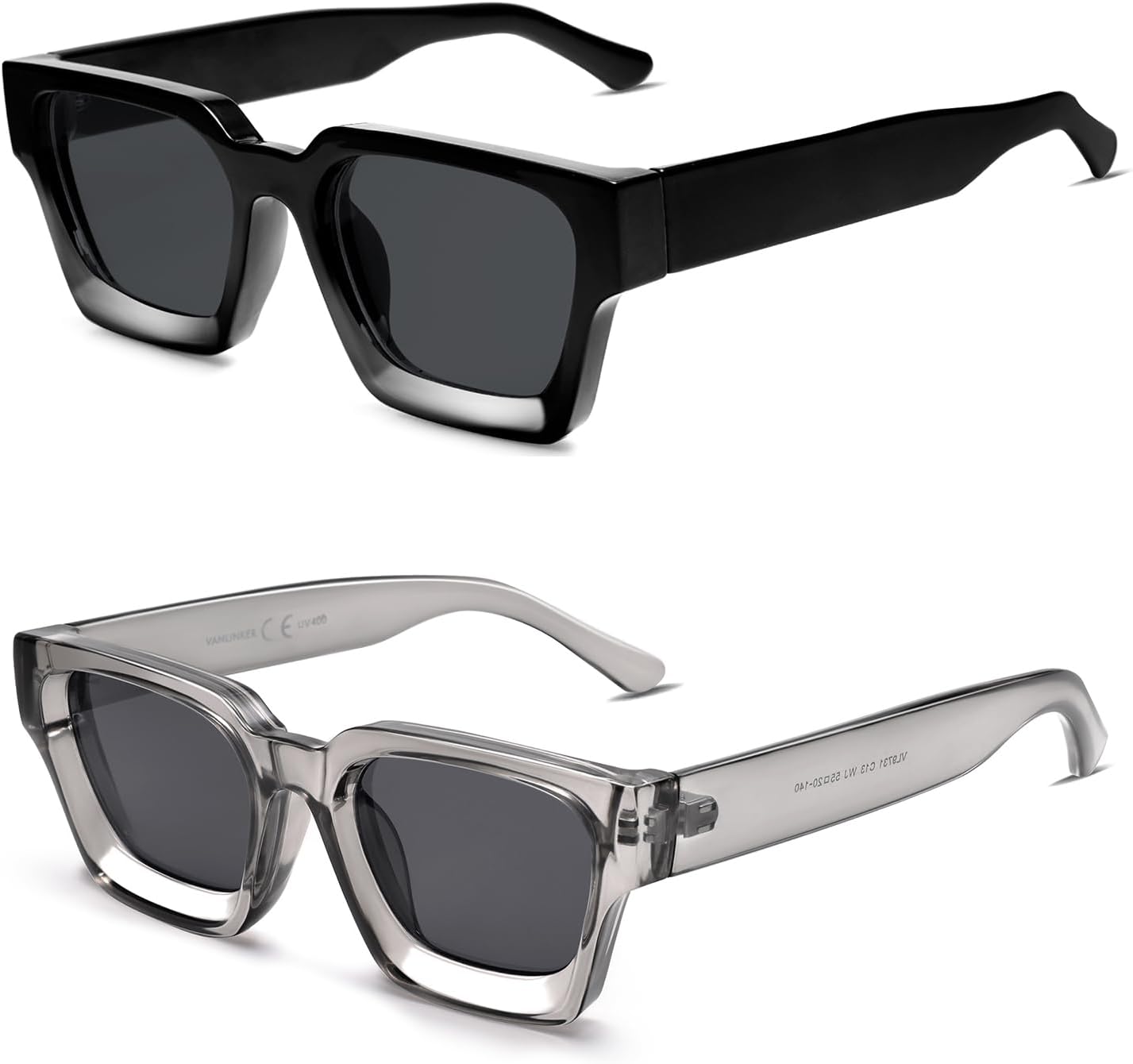 

Солнцезащитные очки VANLINKER квадратной формы для мужчин и женщин, ретро-стиль, массивные прямоугольные, защита от УФ-излучения UV400, VL9731, 2pcs - Balck + Transparent Grey