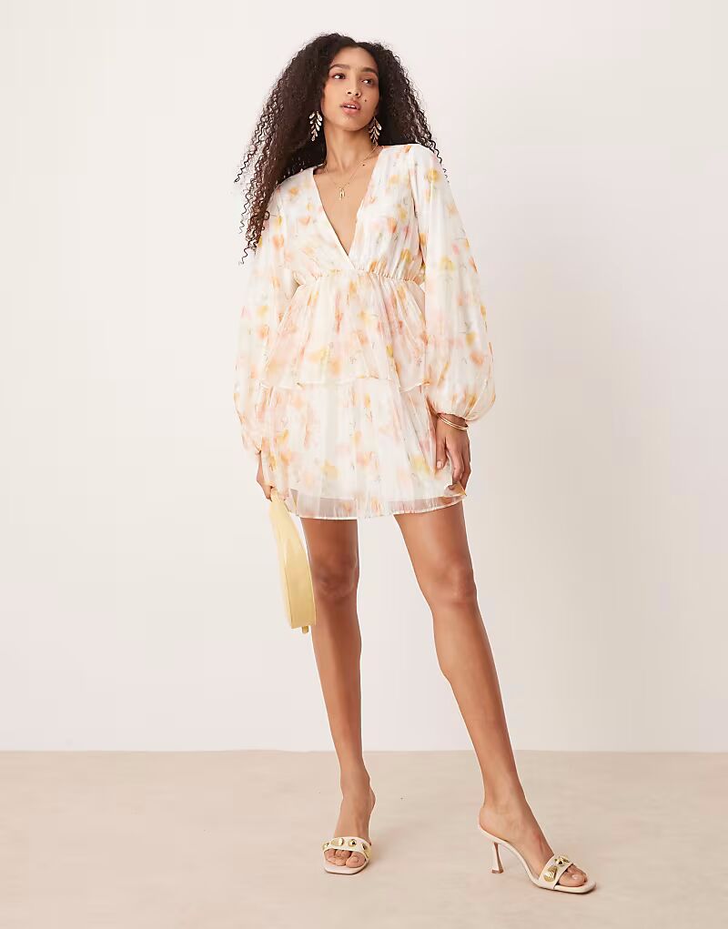 

Мини-платье Gina Tricot с длинными рукавами и V-образным вырезом с акварельным принтом