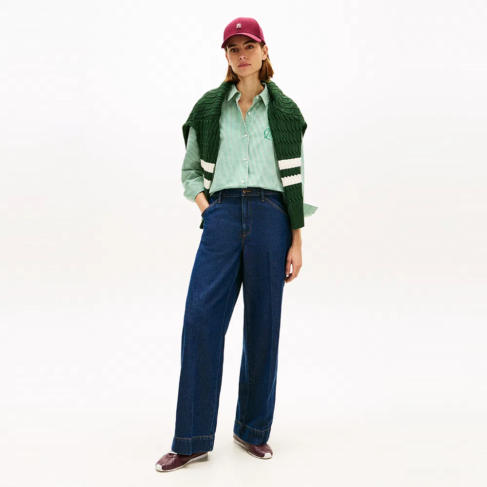 Женская хлопковая рубашка в полоску, зелёная, от Tommy Hilfiger Women — фото 3