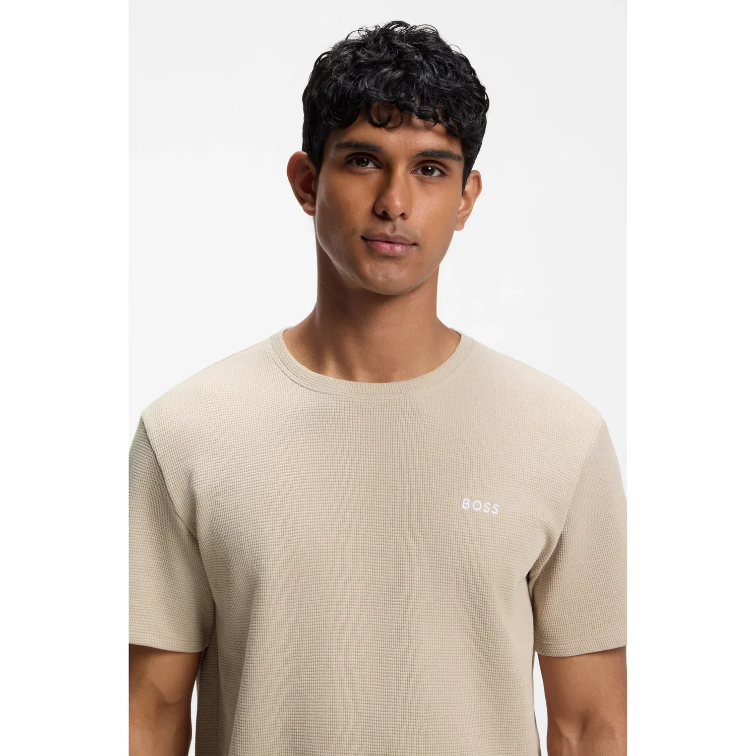 Мужская пижамная футболка с вафельной структурой BOSS, Light Beige — фото 2
