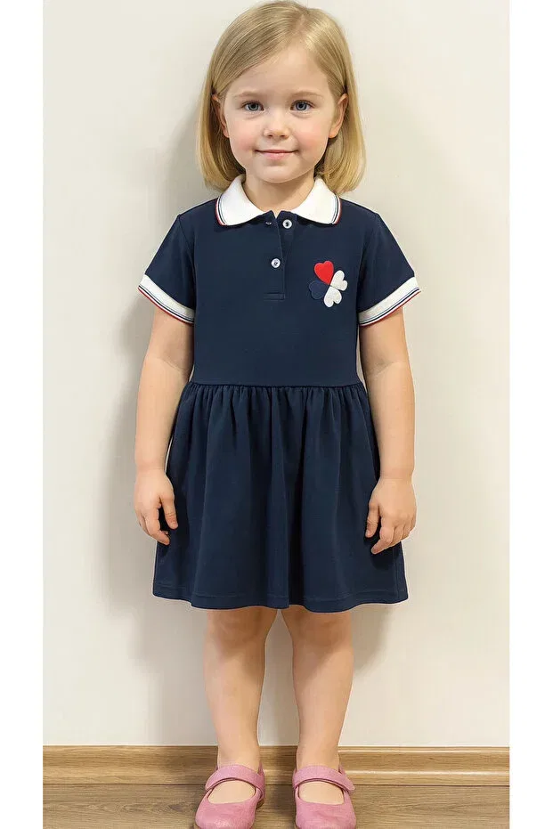 Детское платье для девочек с принтом Heart Clover Embroidered Pique My Hanne, Navy Blue