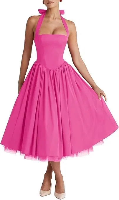 Женское атласное платье с бантом A-line Prom, Hot Pink