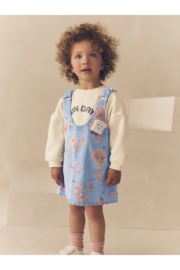 Детский комплект из джинсового платья и свитшота с принтом Next Baby, Multicolor