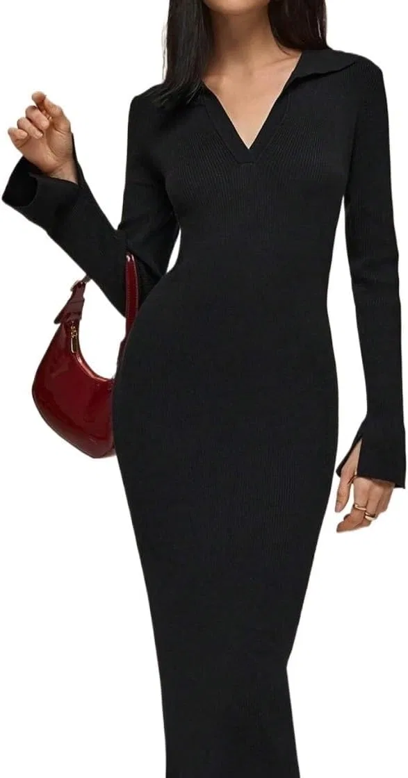 Женское элегантное платье-макси с длинным рукавом Slim Fit, Black