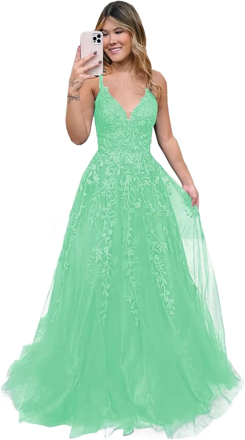 Женское вечернее платье с кружевными аппликациями LA15, Mint Green