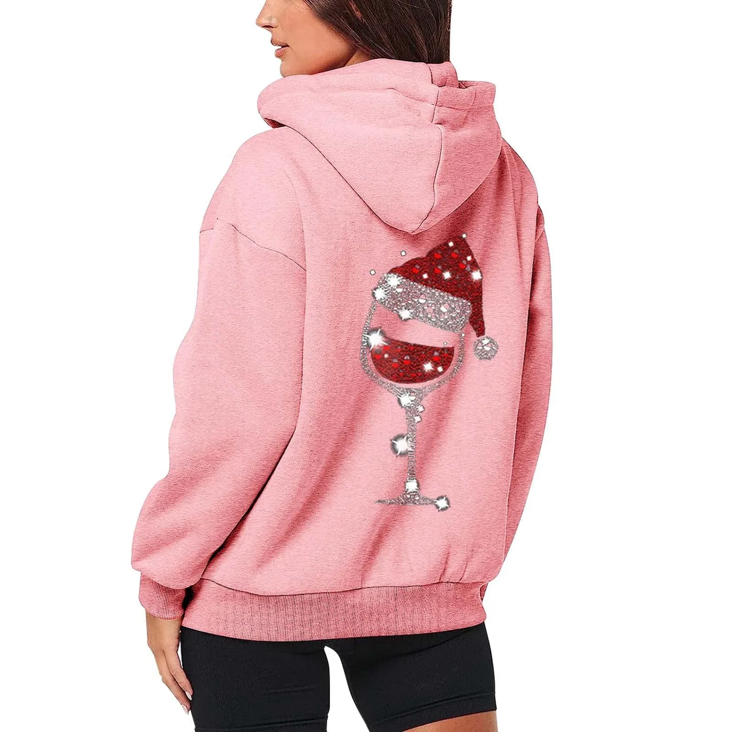 Женское худи с принтом Fashion Christmas Printed Zipper Long Sleeve Pocket Drawstring Casual Sport Hoodie, rosa