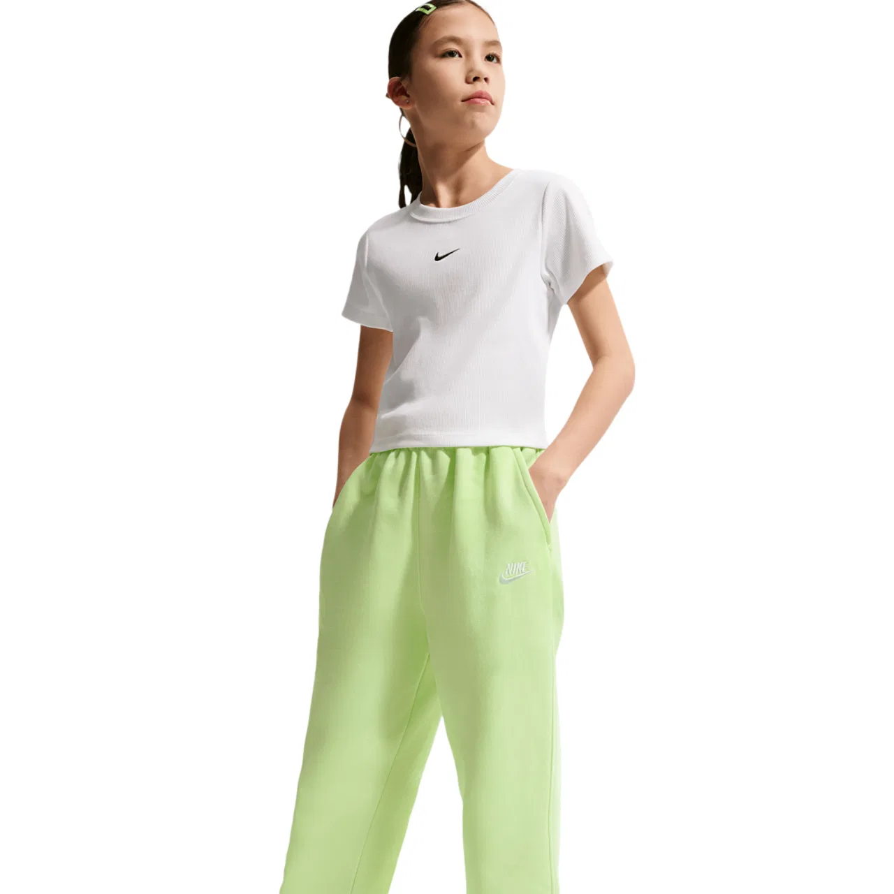 Брюки для мальчиков NSW Club Fleece Loose Nike, цвет White/Lt Liquid Lime/Lt Liquid Lime — фото 3