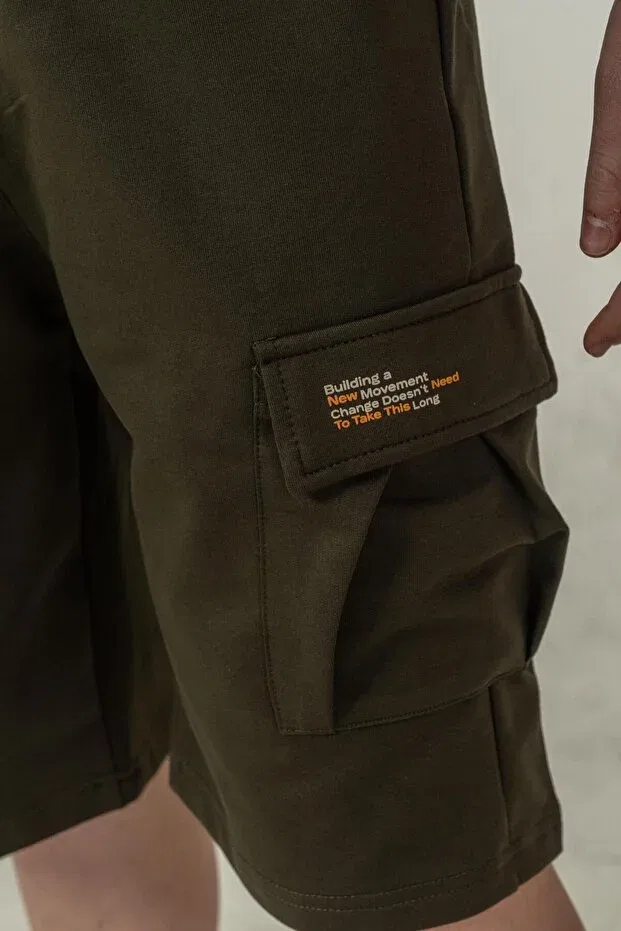 Детские шорты для мальчиков с принтом Double cargo pockets left pocket cover Mışıl Kids, Khaki — фото 4