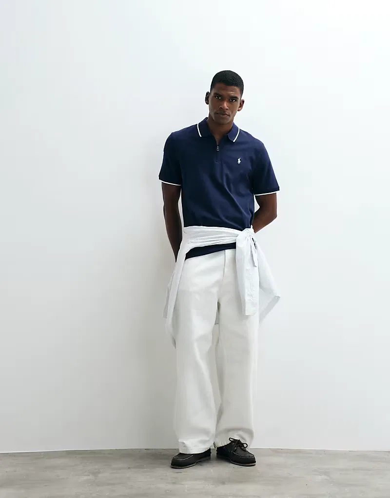 Вязаная рубашка-поло Polo Ralph Lauren с застежкой-молнией до середины груди, стандартного кроя, темно-синий — фото 3