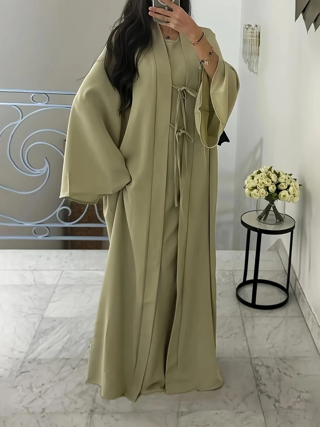 Женское платье макси с длинным пальто Modest Fashion Collection, Matcha — фото 2